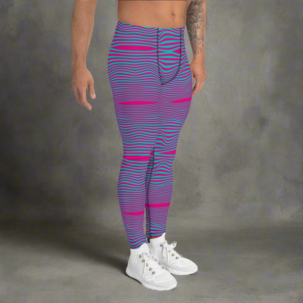 Pink Blue Wavy Men's Leggings, Retro Style Wavy Designer Men's Compression Sports Tights - Made in USA/EU/MX