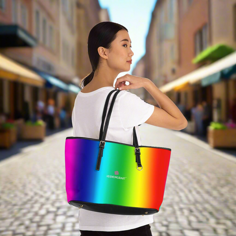Best Rainbow Ombre Tote Bag, 17"x11"/ 16"x10" Designer Gay Pride PU Leather Shoulder Hand Bag