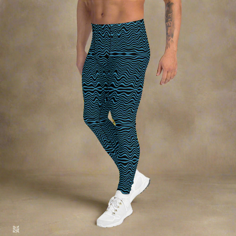Black Blue Curvy Men's Leggings, Great Retro Style Designer Wave Abstract Pattern Yoga Leggings-Made In USA/EU/MX