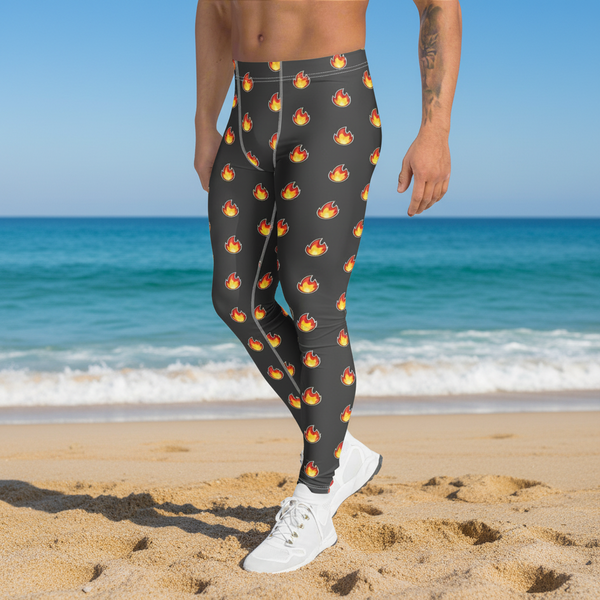 Grey Hot Flames Meggings, Best Gay Friendly Red Hot Flames Print Designer Men's Compression Sports Tights - Made in USA/EU/MX