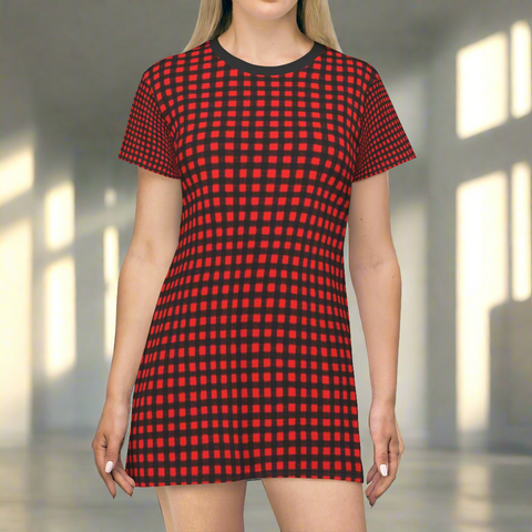 Red Buffalo T-Shirt Dress, Black Red Plaid Print Crew Neck T-shirt Dress - Made in USA