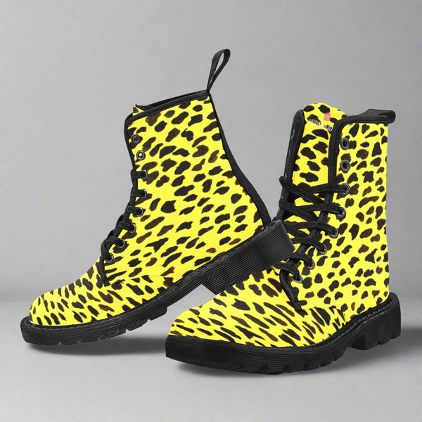 Yellow Cheetah Print Men Hiker Boots, Yellow Cheetah Man's Boots Custom Canvas Boots for Men  (US Size: 7-10.5)