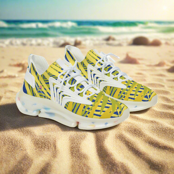 Blue Yellow Tropical Men's Shoes, Tropical Leaves Print Yellow Blue Designer Best Comfy Men's Mesh Sports Sneakers