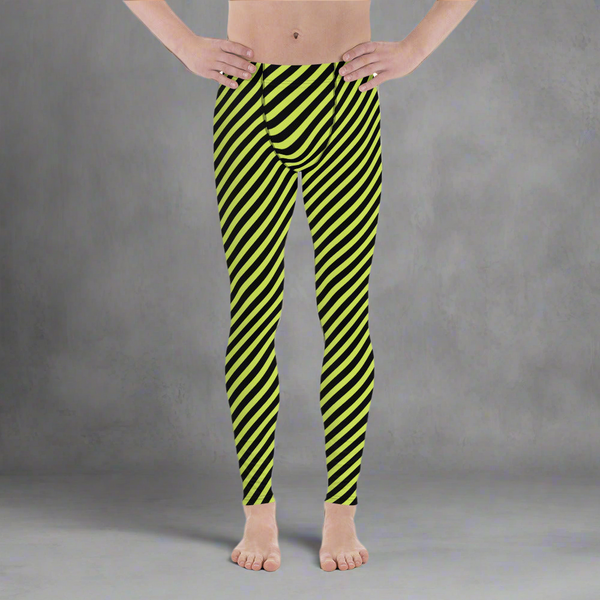 Black Green Diagonally Striped Meggings, Designer Running Compression Tights For Men - Made in USA/EU/MX