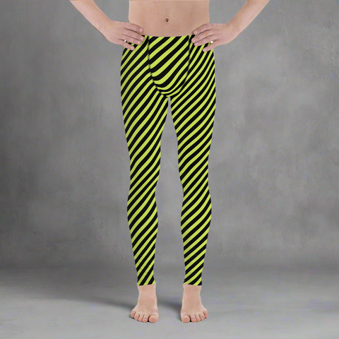 Black Green Diagonally Striped Meggings, Designer Running Compression Tights For Men - Made in USA/EU/MX