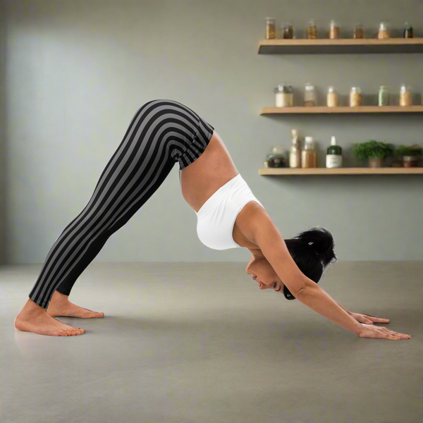 Grey Black Striped Women's Tights, Best Yoga Leggings