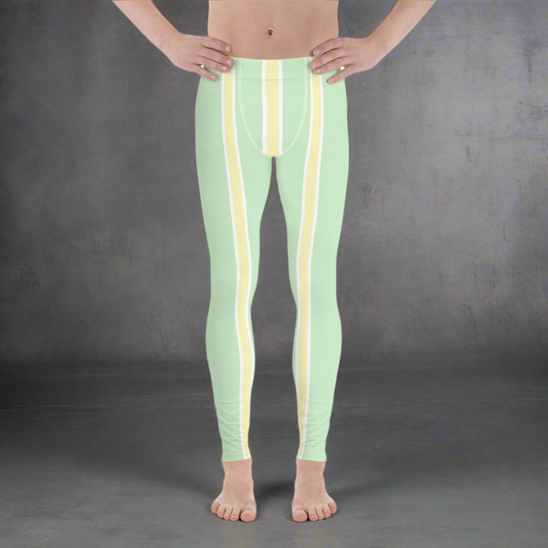 Green Yellow Pastel Color Meggings, Vertical Striped Men's Leggings