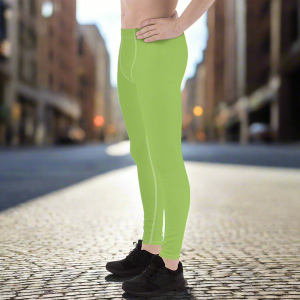 Apple Green Color Men's Leggings, Solid Color Green Premium Designer Men's Tight Pants - Made in USA/EU/MX