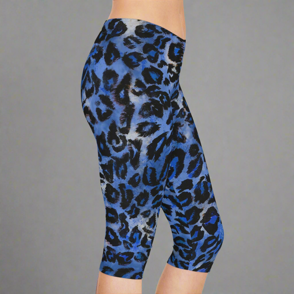 Blue Leopard Women's Capri Leggings, Modern Leopard Animal Print American-Made Best Designer Premium Quality Knee-Length Mid-Waist Fit Knee-Length Polyester Capris Tights-Made in USA (US Size: XS-2XL) Plus Size Available