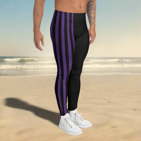Dark Purple Black Striped Meggings, Best Men's Leggings