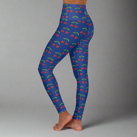 Cherries Print Blue Women's Tights, High Waisted Yoga Leggings