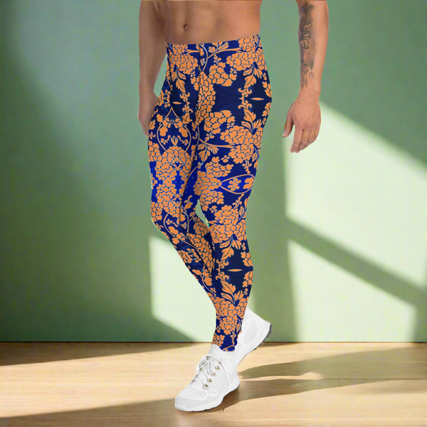 Orange Blue Floral Print Meggings, Best Blue and Orange Oriental Style Floral Print Meggings Compression Tights - Made in USA/EU/MX