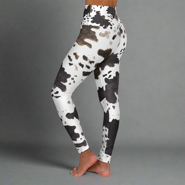 Cow Print Yoga Tights, High Waisted Yoga Leggings, Patterned Long Women's Pants-Made in USA