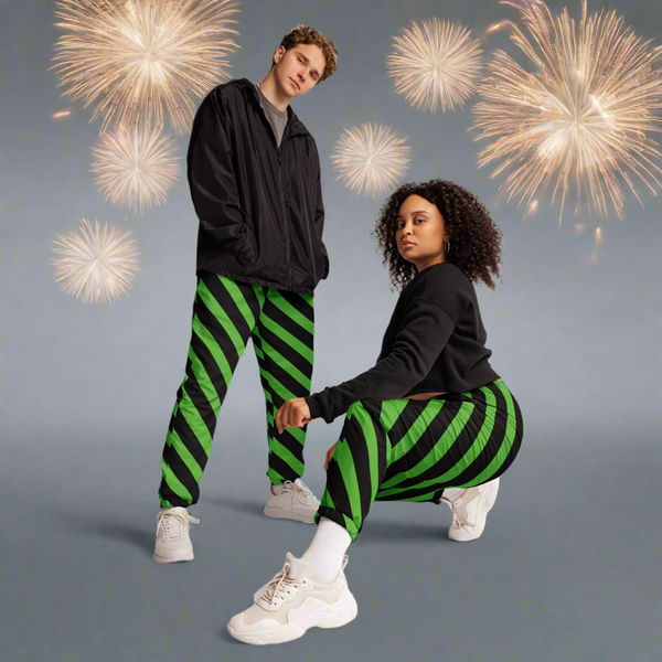 Green Black Striped Track Pants, Best Unisex Running Athletic Jogger Track Trouser Sweatpants Pants For Men and Women - Made in USA/EU/MX (US Size: XS-3XL)