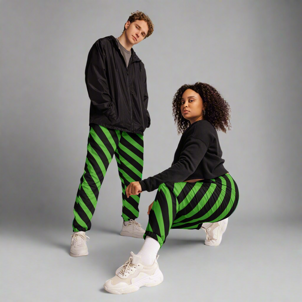 Green Black Striped Track Pants, Best Unisex Running Athletic Jogger Track Trouser Sweatpants Pants For Men and Women - Made in USA/EU/MX (US Size: XS-3XL)
