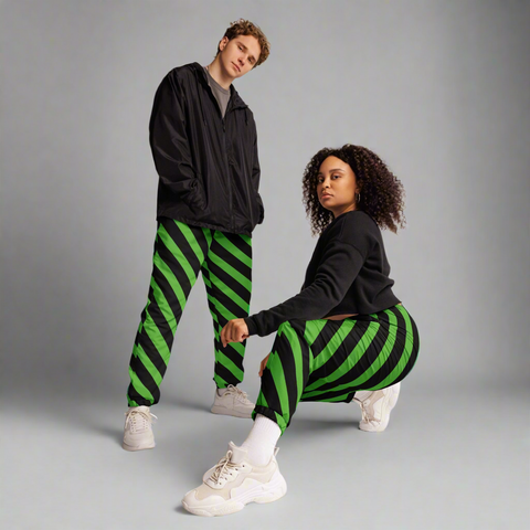 Green Black Striped Track Pants, Best Unisex Running Athletic Jogger Track Trouser Sweatpants Pants For Men and Women - Made in USA/EU/MX (US Size: XS-3XL)