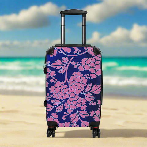 Pink Blue Floral Print Suitcase, Abstract Oriental Style Floral Print Designer Suitcases, Travel Bag Suitcases (Small, Medium, Large)
