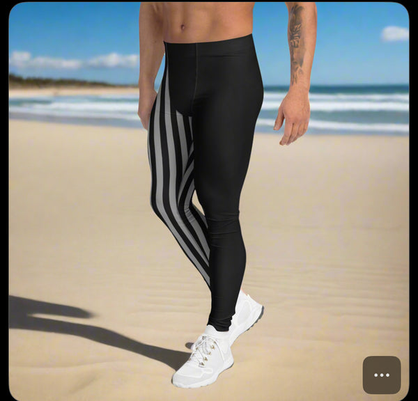 Grey Black Striped Meggings, Best Men's Leggings