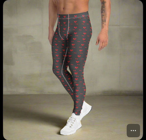 Grey Red Hearts Men's Leggings, Red Cherries Printed Best Gay Friendly Hearts Print Valentine's Day Pattern Designer Print&nbsp; Meggings Men's Workout Gym Tights Leggings, Men's Compression Tights Pants - Made in USA/ EU/ MX (US Size: XS-3XL) Patterned Leggings For Men, Tights Workout, Men's Compression Pants, Mens Festival Leggings, Mens Leggings Fashion, Mens Tights&nbsp;