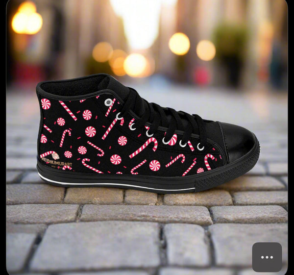 Christmas Print Men's Sneakers, Black Red White Candy Cane Print High-Top Tennis Shoes