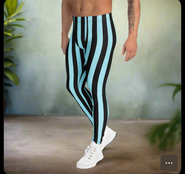 Blue Black Vertically Striped Meggings, Men's Leggings