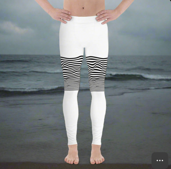 Black White Wavy Print Meggings, Best Men's Leggings