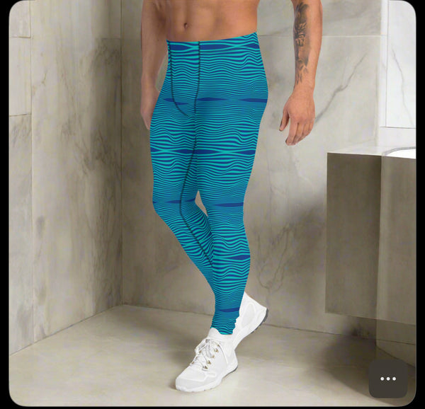 Blue Wavy Print Men's Leggings, Retro Style Wavy Designer Men's Compression Sports Tights - Made in USA/EU/MX