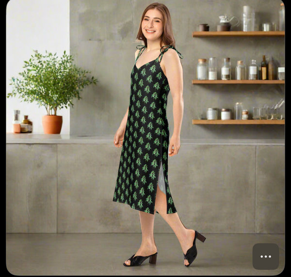 Black Floral Women's Designer Dress, Tie-strap midi dress