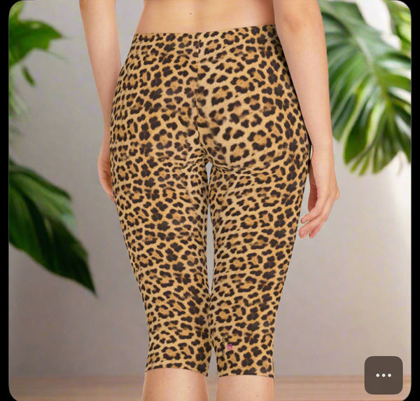 Brown Leopard Women's Tights, Animal Print Best Knee-Length Polyester Capris Tights-Made in USA (US Size: XS-2XL)