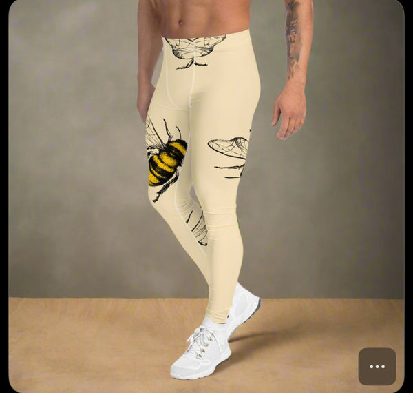 Yellow Bees Printed Men's Leggings, Designer Men's Compression Sports Tights - Made in USA/EU/MX