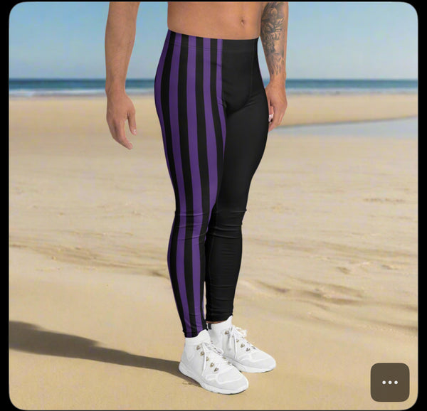 Dark Purple Black Striped Meggings, Best Men's Leggings