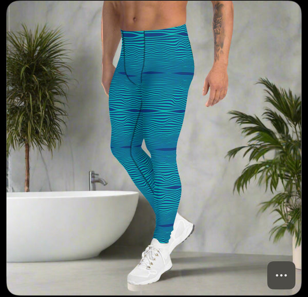 Blue Wavy Print Men's Leggings, Retro Style Wavy Designer Men's Compression Sports Tights - Made in USA/EU/MX