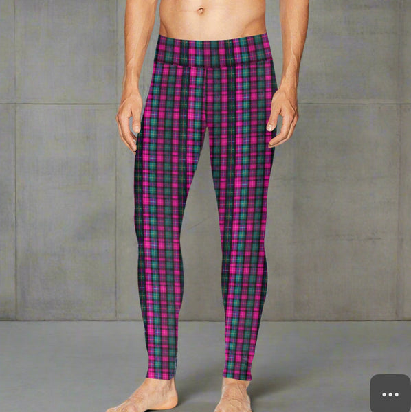 Pink Plaid Print Men's Tights, Best Designer Pink Plaid Men's Compression Tights For Men (Size: S-2XL)