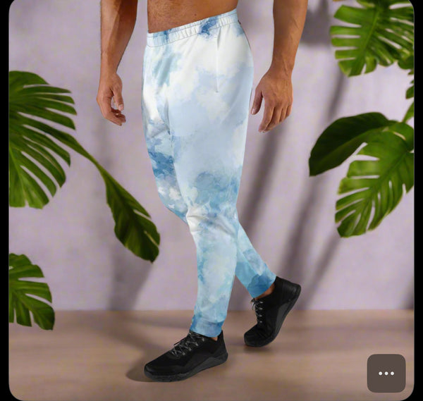 Blue Abstract Men's Joggers, Blue Sky Cloud Abstract Print Casual Designer Light Blue Sky Clouds Abstract Print Designer Ultra Soft &amp; Comfortable Men's Joggers, Men's Jogger Pants-Made in EU/ USA/ MX (US Size: XS-3XL)