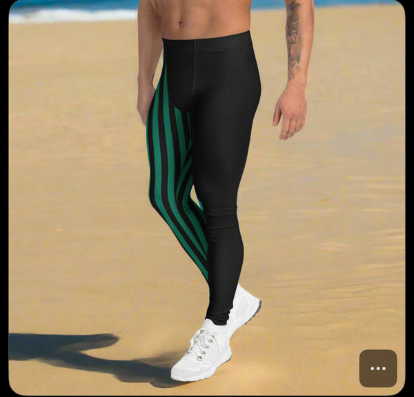 Dark Green Black Striped Meggings, Best Men's Leggings