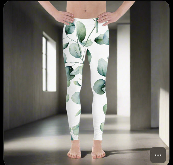 Green Eucalyptus Printed Men's Leggings, Green Eucalyptus Pattern Designer Print Sexy Meggings Men's Workout Gym Tights Leggings, Men's Compression Tights Pants - Made in USA/ EU/ MX (US Size: XS-3XL) Patterned Leggings For Men, Tights Workout, Men's Compression Pants, Mens Festival Leggings, Mens Leggings Fashion, Mens Tights&nbsp;