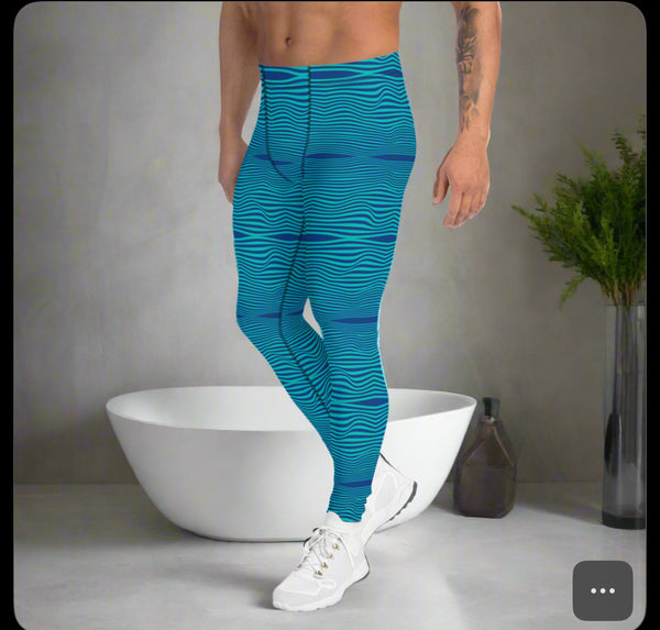 Blue Wavy Print Men's Leggings, Retro Style Wavy Designer Men's Compression Sports Tights - Made in USA/EU/MX