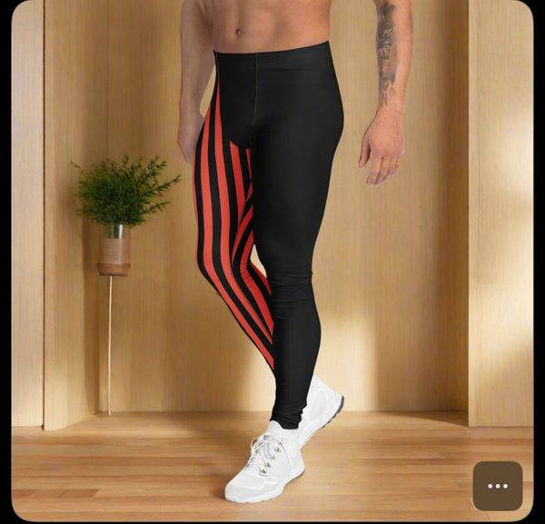Orange Black Striped Meggings, Designer Men's Leggings