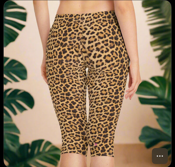 Brown Leopard Women's Tights, Animal Print Best Knee-Length Polyester Capris Tights-Made in USA (US Size: XS-2XL)