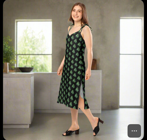 Black Floral Women's Designer Dress, Tie-strap midi dress