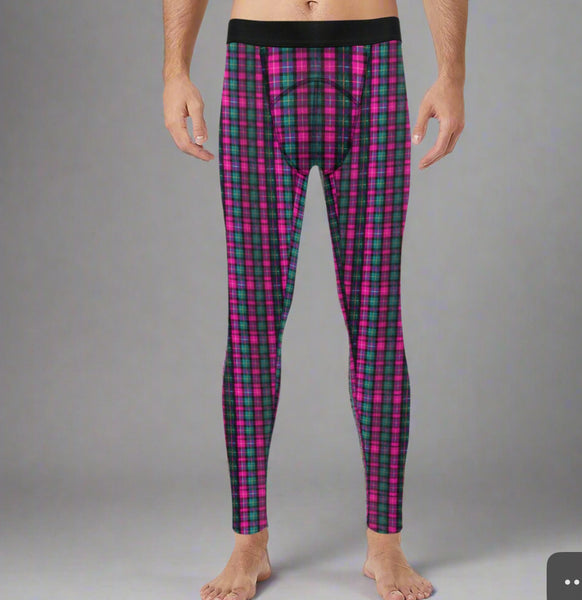 Pink Plaid Print Meggings, Best Designer Pink Plaid Men's Compression Tights For Men (Size: S-2XL)