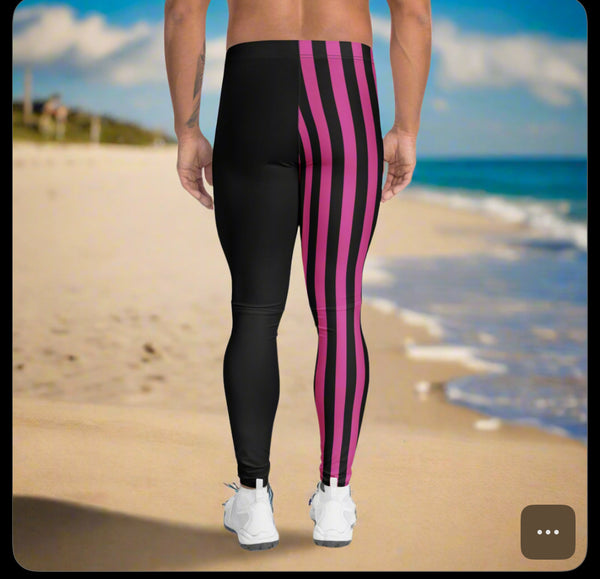 Pink Black Striped Meggings, Men's Leggings