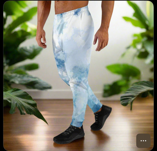 Blue Abstract Men's Joggers, Blue Sky Cloud Abstract Print Casual Designer Light Blue Sky Clouds Abstract Print Designer Ultra Soft &amp; Comfortable Men's Joggers, Men's Jogger Pants-Made in EU/ USA/ MX (US Size: XS-3XL)