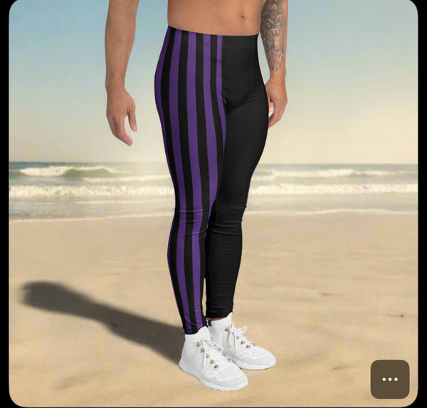 Dark Purple Black Striped Meggings, Best Men's Leggings