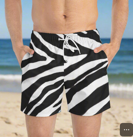 Zebra Men's Swim Trunks, Designer Zebra Stripes Animal Print Swim Trunks For Men (US Size: XS-3XL) Animal Print Mid-Length Shorts Beach Pockets Mesh Lining Drawstring Luxury Cool Guys Casual Bathing Suit Plus Size Available Swimwear For Men