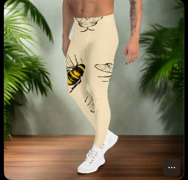 Yellow Bees Printed Men's Leggings, Designer Men's Compression Sports Tights - Made in USA/EU/MX