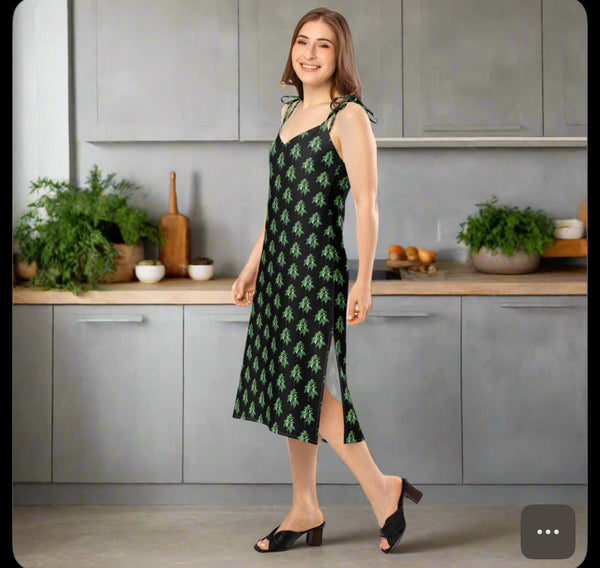 Black Floral Women's Designer Dress, Tie-strap midi dress