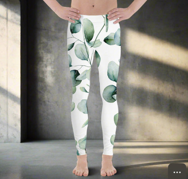 Green Eucalyptus Printed Men's Leggings, Green Eucalyptus Pattern Designer Print Sexy Meggings Men's Workout Gym Tights Leggings, Men's Compression Tights Pants - Made in USA/ EU/ MX (US Size: XS-3XL) Patterned Leggings For Men, Tights Workout, Men's Compression Pants, Mens Festival Leggings, Mens Leggings Fashion, Mens Tights&nbsp;