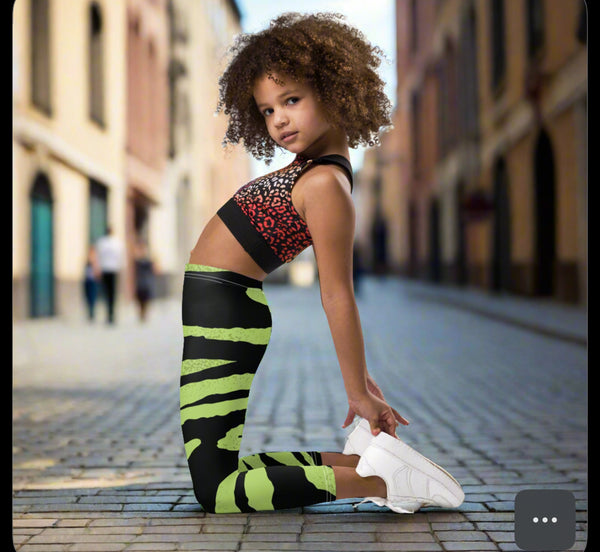 Green Tiger Striped Kid's Leggings, Tiger Print Cute Premium Bestselling Kid's Leggings- Made in USA/EU