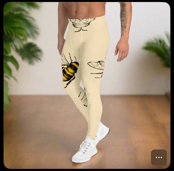 Yellow Bees Printed Men's Leggings, Designer Men's Compression Sports Tights - Made in USA/EU/MX
